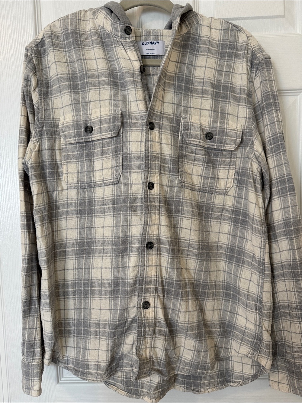 Old Navy Men’s Plaid Hooded Shirt - Gray & Cream